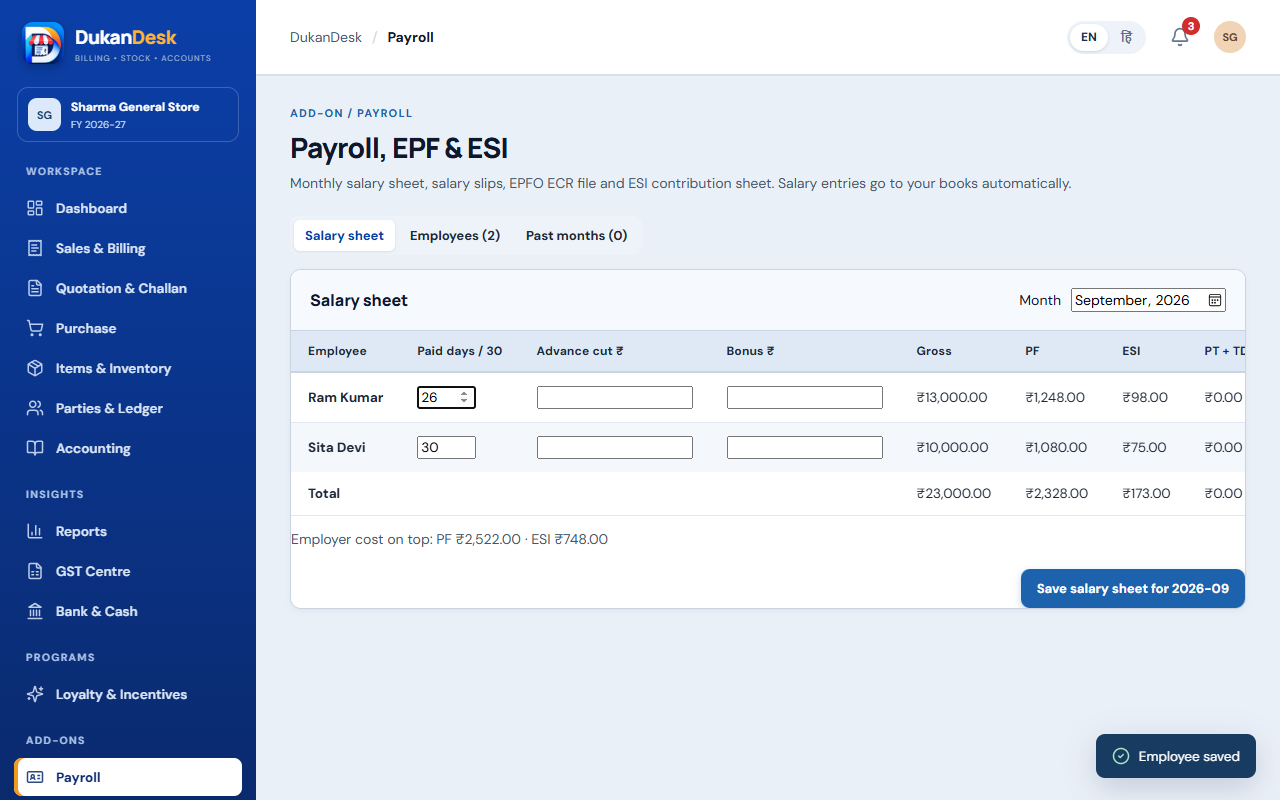 Payroll salary sheet